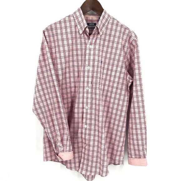 Izod Mens Flip Cuff Button Down Size S Premium Shirt Pink Blue Plaid Preppy - Picture 2 of 10
